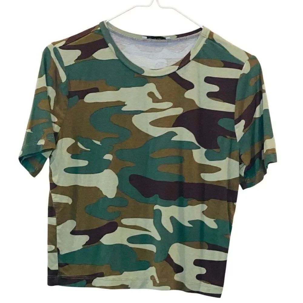 Zara Trafaluc Camouflage Print Crew Neck Cropped Tee Multicolor Small